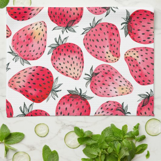 Aardbeien waterverf en inkt theedoek (Gevouwen)