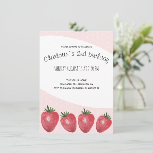 Aardbeien Waterverf Handbeschilderd op Blush Aankondiging (Staand voorkant)