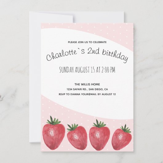 Aardbeien Waterverf Handbeschilderd op Blush Aankondiging (Voorkant)