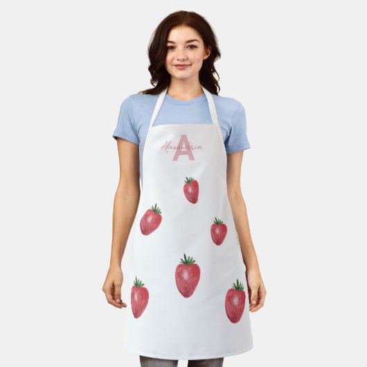 Aardbeien Waterverf met handbeschilderde monogramm Schort (Gedragen)