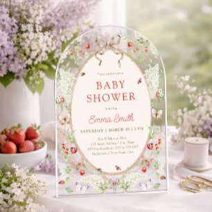 Aardbeien Wilde Bloem Kant Werk Baby Shower Acryl Uitnodigingen