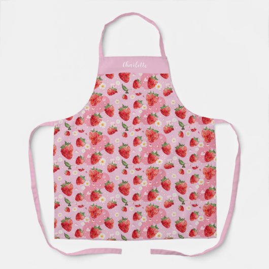 Aardbeien witte bloemen roze rood patroon naam schort (Voorkant)