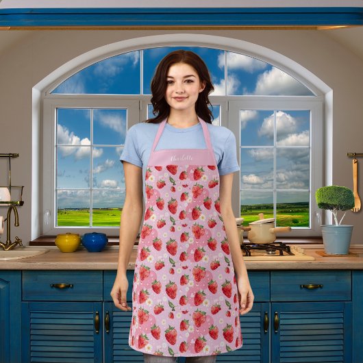 Aardbeien witte bloemen roze rood patroon naam schort