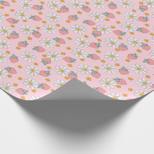 Aardbeien Witte Bloemen Schattige Cadeaupapier (Hoek)