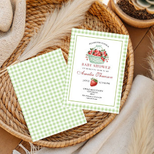 Aardbeien Zoete Groene Gingham Baby Shower Kaart