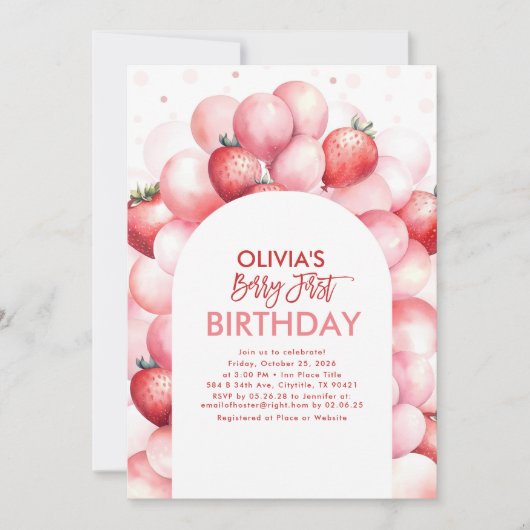Aardbeienballonnen Berry Eerste 1e Verjaardag Kaart (Voorkant)
