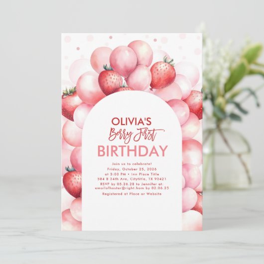 Aardbeienballonnen Berry Eerste 1e Verjaardag Kaart (Staand voorkant)