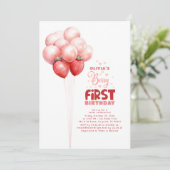 Aardbeienballonnen Berry Eerste Meisjes Verjaardag Kaart (Staand voorkant)