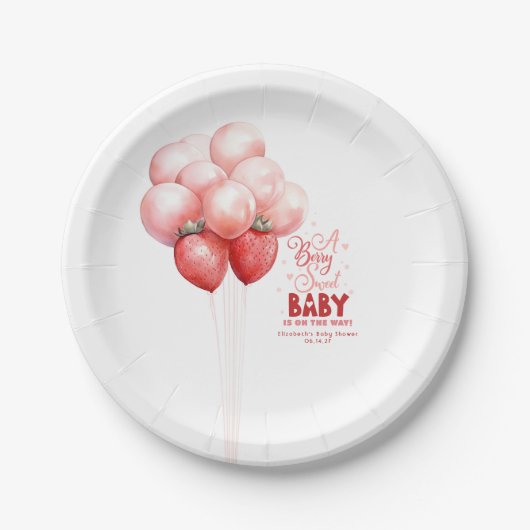 Aardbeienballonnen Rood en Roze Baby shower Papieren Bordje (Voorkant)
