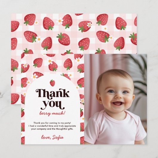 Aardbeienbes 1e verjaardag bedankkaart kaart (Voorkant / Achterkant)