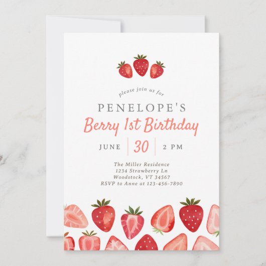 Aardbeienbes 1e verjaardag kaart (Voorkant)
