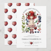 Aardbeienbes 1e verjaardag van het meisje kaart (Voorkant / Achterkant)