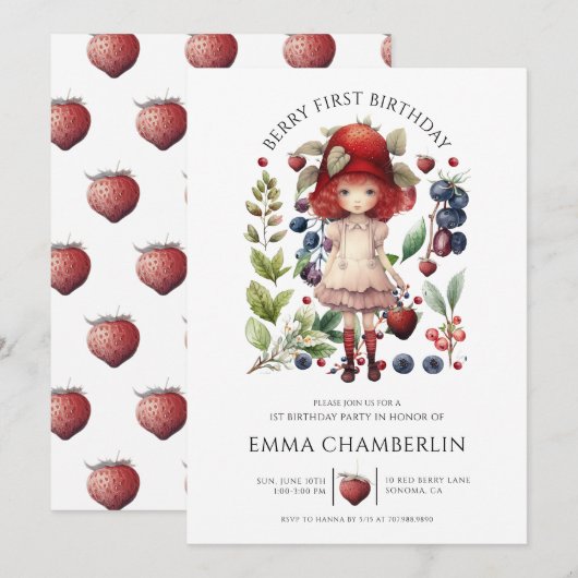 Aardbeienbes 1e verjaardag van het meisje kaart (Voorkant / Achterkant)