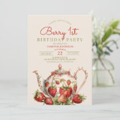Aardbeienbes 1e verjaardagsfeestje kaart (Staand voorkant)