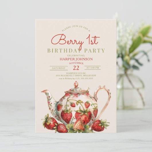 Aardbeienbes 1e verjaardagsfeestje kaart (Staand voorkant)