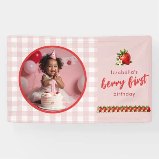 Aardbeienbes Eerste 1e Verjaardag Banner (Horizontaal)