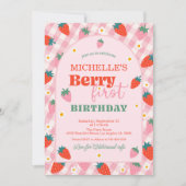 Aardbeienbes Eerste 1e Verjaardag Gingham Kaart (Voorkant)