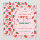 Aardbeienbes Eerste 1e Verjaardag Gingham Kaart (Voorkant / Achterkant)