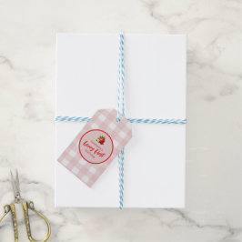 Aardbeienbes Eerste 1e verjaardag Pink Gingham Cadeaulabel