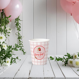 Aardbeienbes Eerste 1e verjaardag Pink Gingham Papieren Bekers