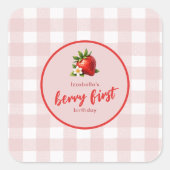 Aardbeienbes Eerste 1e verjaardag Pink Gingham Vierkante Sticker (Voorkant)