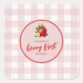 Aardbeienbes Eerste 1e verjaardag Pink Gingham Vierkante Sticker