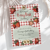  aardbeienbes eerste Gingham Verjaardag Kaart