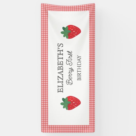 Aardbeienbes Eerste Picknick Verjaardag Spandoek (Verticaal)