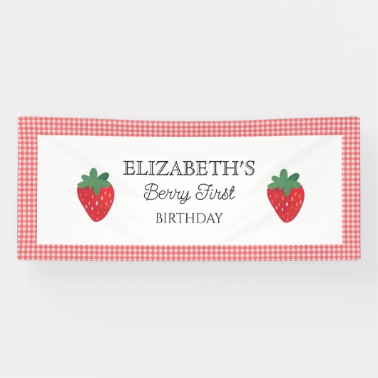 Aardbeienbes Eerste Picknick Verjaardag Spandoek (Horizontaal)