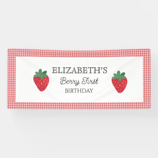 Aardbeienbes Eerste Picknick Verjaardag Spandoek (Horizontaal)