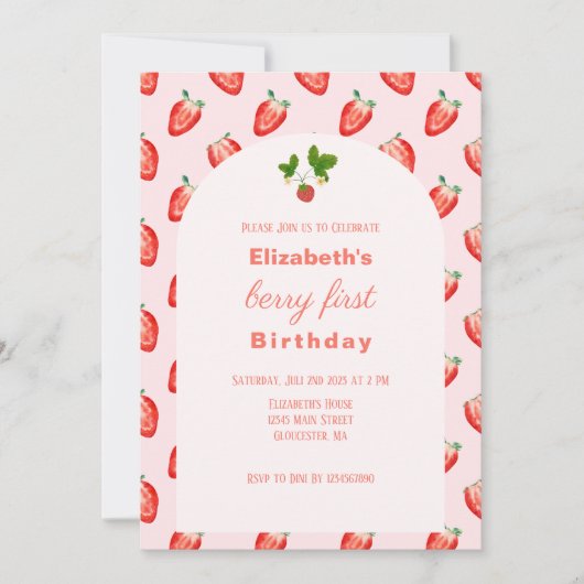 Aardbeienbes Eerste Roze Verjaardag uitnodiging (Voorkant)