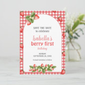 Aardbeienbes eerste verjaardag Berry Weet Save The Date (Staand voorkant)