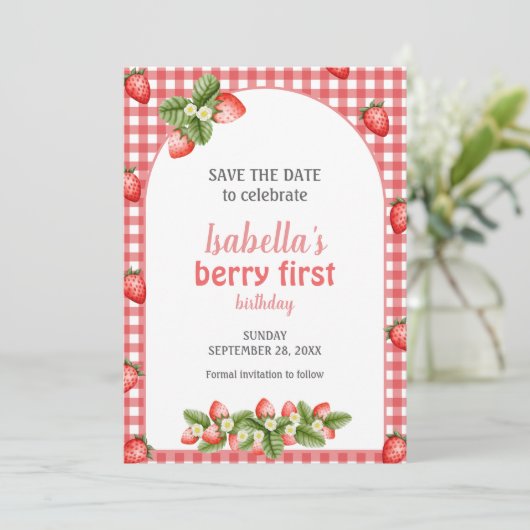 Aardbeienbes eerste verjaardag Berry Weet Save The Date (Staand voorkant)