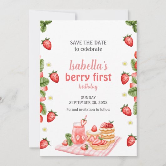 Aardbeienbes eerste verjaardag Berry Weet Save The Date (Voorkant)