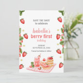 Aardbeienbes eerste verjaardag Berry Weet Save The Date (Staand voorkant)