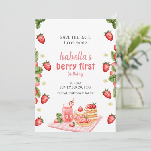 Aardbeienbes eerste verjaardag Berry Weet Save The Date (Staand voorkant)