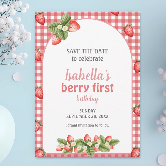 Aardbeienbes eerste verjaardag Berry Weet Save The Date