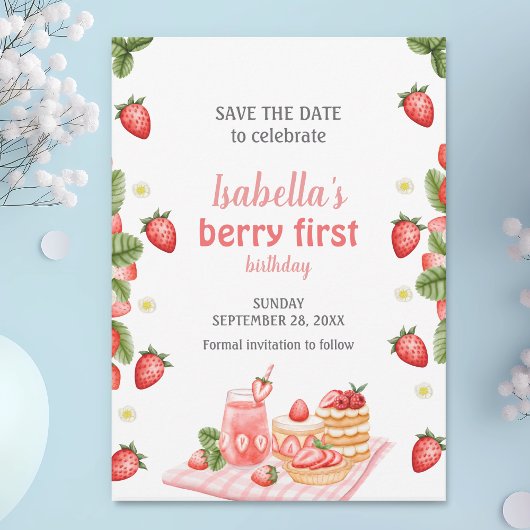 Aardbeienbes eerste verjaardag Berry Weet Save The Date