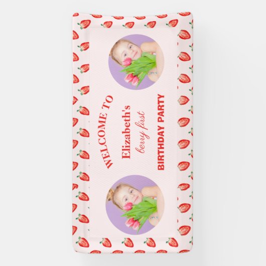 Aardbeienbes Eerste Verjaardag Foto Spandoek (Verticaal)