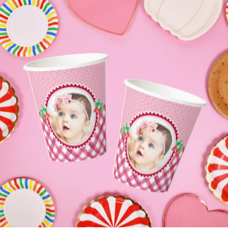 Aardbeienbes Eerste Verjaardag Meisje Fotofeest Papieren Bekers