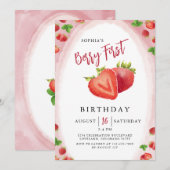 Aardbeienbes Eerste Verjaardag Meisje Uitnodiging (Voorkant / Achterkant)