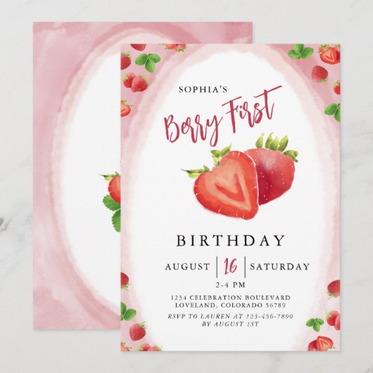 Aardbeienbes Eerste Verjaardag Meisje Uitnodiging (Voorkant / Achterkant)