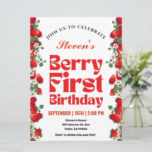 Aardbeienbessen Eerste 1e verjaardagsfeestje Kaart (Staand voorkant)