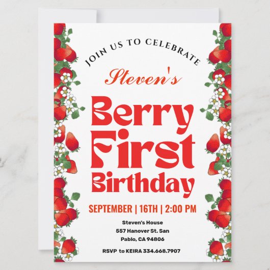 Aardbeienbessen Eerste 1e verjaardagsfeestje Kaart (Voorkant)