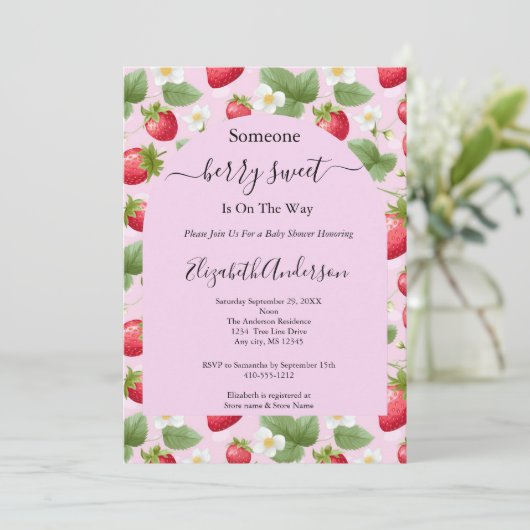 Aardbeienbessen zoet roze rood wit Baby shower Kaart (Staand voorkant)