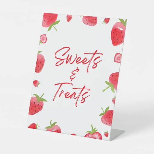 Aardbeienbessen zoete snoepjes en lekkernijen reclamebord met voetstuk (Voorkant)