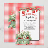 Aardbeienbessenzoet eerste verjaardagsfeestje kaart (Voorkant / Achterkant)