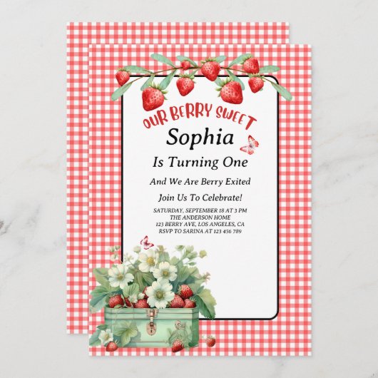 Aardbeienbessenzoet eerste verjaardagsfeestje kaart (Voorkant / Achterkant)