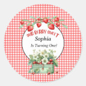Aardbeienbessenzoet eerste verjaardagsfeestje ronde sticker (Voorkant)
