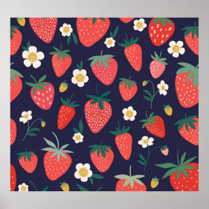 Aardbeienbloemen en -vruchten: decoratief patroon poster
